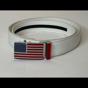 Falari White Leather American Flag Patriotic Ratchet Belt Mens 34"-36"
